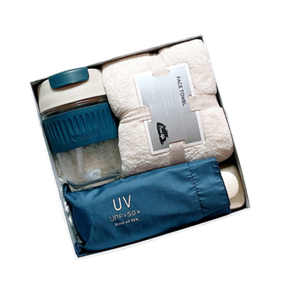 Set regalo stampato con schermo di seta Tazza d'acqua di vetro Nero ombrello di gomma Corallo asciugamano di peluche