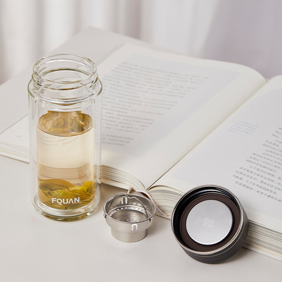 Coppa di vetro a doppio strato ad alto borosilicato pratico con divisorio del tè e stampa UV
