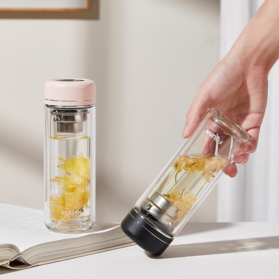Coppa di vetro a doppio strato ad alto borosilicato pratico con divisorio del tè e stampa UV