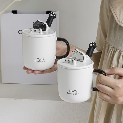 Idee regalo per dipendenti Cartoon Cat Water Cup con coperchio di cucchiaio in ceramica e portatelefoni