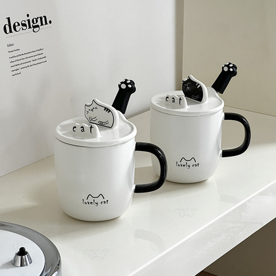 Idee regalo per dipendenti Cartoon Cat Water Cup con coperchio di cucchiaio in ceramica e portatelefoni