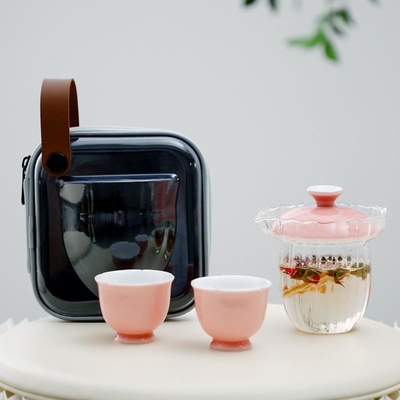 Hotel and Resort Sakura Set di tè da viaggio in vetro rosa Borsa da tè portatile Una pentola Due tazze Regali per il giorno della dea