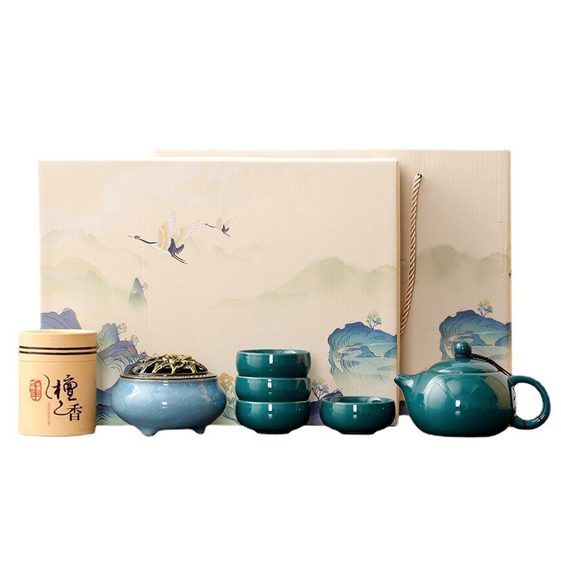 Elegante set cinese di tè Celadon Shih Tzu con 4 tazze e incensatore di sandalo
