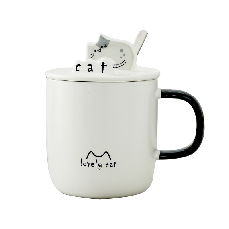 Idee regalo per dipendenti Cartoon Cat Water Cup con coperchio di cucchiaio in ceramica e portatelefoni